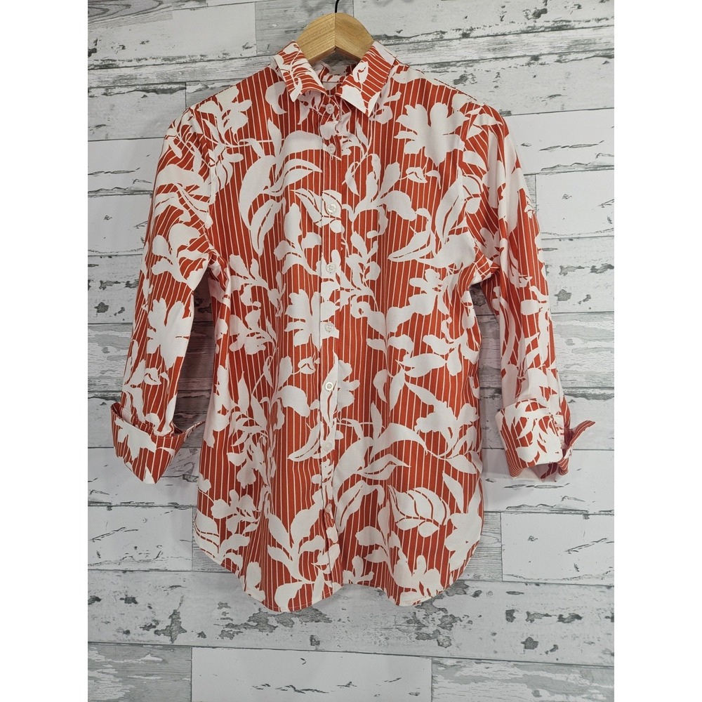 Chicos Orange White Floral Striped Button Down Shirt Cotton Stretch Size 0 S